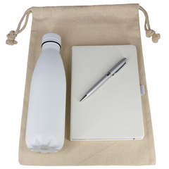 Gift Set - Cotton Drawstring Bag, Insulated Bottle, Journal & Pen By HappyWay Promotions