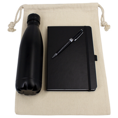 Gift Set - Cotton Drawstring Bag, Insulated Bottle, Journal & Pen By HappyWay Promotions