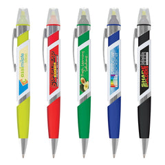 Retractable plastic ballpoint pen with a yellow highlighter by Happyway Promotions
